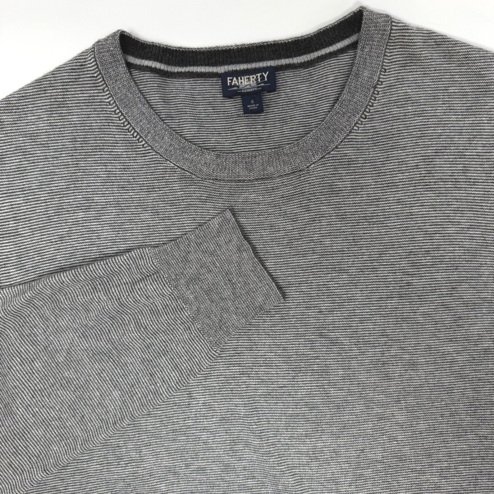 Faherty Reserve Mens Small Grey Micro Stripe Coolmax Cotton Crewneck Sweater
